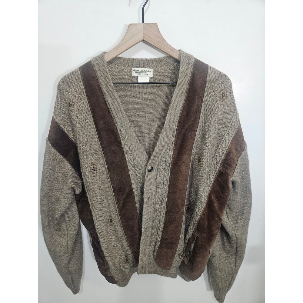 Norm Thompson Made in Italy Vintage Suede Panel Cable Knit Cardigan Sweater Tan‎